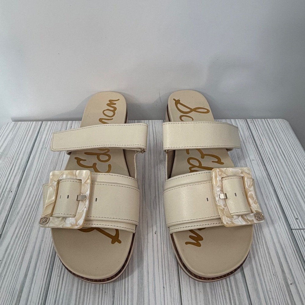Sam Edelman Adrianna Leather Platform Slide Sandals Ivory Cream Buckle 9M NWOT